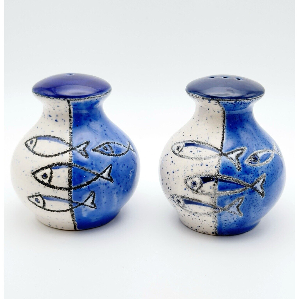 Vintage Hand Painted Fish Salt Pepper Shakers Blue White Artisan Ceramic Beach
